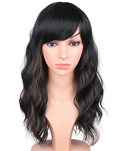 Black Wavy Wigs With Brown Highlights For Black Women Synthetic Black Hair Wigs Medium Long Black Wigs Heat Resistant Wigs Daily Use Wigs 16 Inches.(Black With Brown Highlights)
