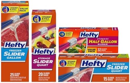Hefty, 1 Hefty Slider Bags, Quart, 20 CT, 1 Freezer Slider Bags, Quart, 15 CT, 1 Freezer Slider Bags Gallon, 25 CT, 1 Slider Bags Half Gallon, 32 CT (Variety Pack)