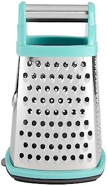 KitchenAid Gourmet 4-Sided Stainless Steel Box Grater for Fine, Medium and Coarse Grate, and Slicing, Detachable 3 Cup Storage Container and Measurment Markings, Dishwasher Safe, 10 inches tall, Aqua