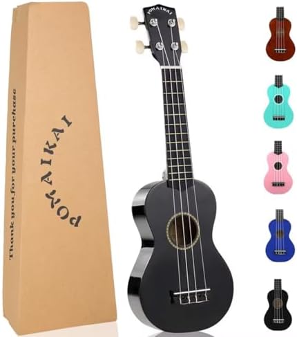 POMAIKAI Ukulele Musical Instruments Starter Wood Soprano Ukele Hawaiian Small Guitar Ukelele 21" Beginner Adult and Students (Black)