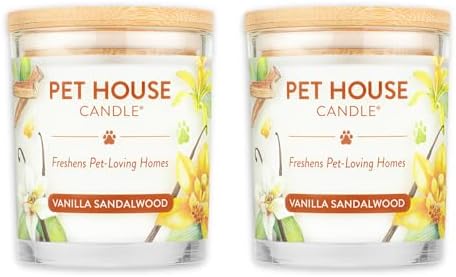 One Fur All Pet House Candle 2 Pack - Plant-Based/Soy Candle - Clean Burning Scented Candles, Long Lasting Pet Odor Candle for Home - Vanilla Sandalwood