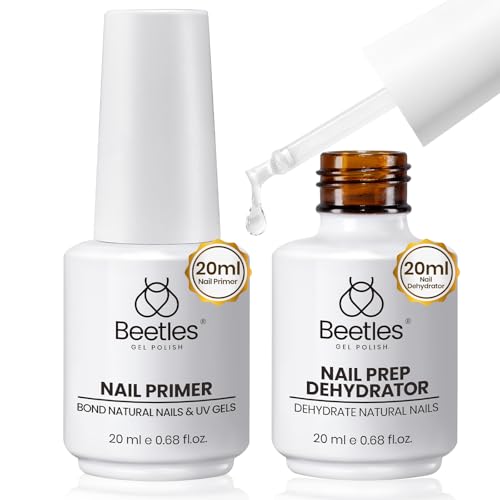 Beetles 20ml Nail Dehydrator and Primer, Large Capacity Acid Free Natural Nail Prep Dehydrate and Primer, Acrylic Nail Dehydrator and Primer for UV Gels Superior Bonding Professional Salons Set
