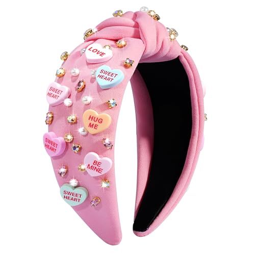 Valentine’s Day Headband for Women Girls Top Knot Jeweled Rhinestone Velvet Plush Hair Accessories Pink Red Heart Clothes Outfit