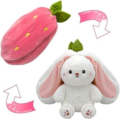 Bunny Stuffed Animal,Strawberry Reversible Cuddle Bunny Plush Doll with Zipper Cute Soft Rabbit Toys Pillow for Kids and Adults Easter Bunnies Plushies Gifts (Strawberry, 7.09 inches)