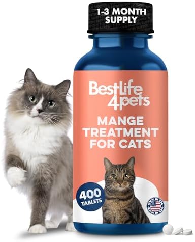 Mange Treatment for Cats, Natural Ear Mite Treatment & Cat Itchy Skin Relief, Helps with Feline Scabies, Feline Dandruff, Shedding, Excessive Grooming and General Cat Skin Care, 400 Odorless Pills