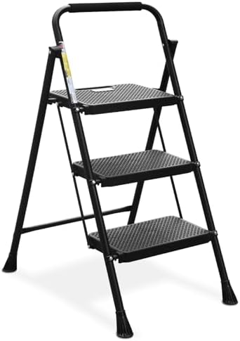 HBTower Step Ladder, Folding Step Stool with Wide Anti-Slip Pedal, Sturdy Steel Ladder, Convenient Handrail, Lightweight, Portable Steel Step Stool
