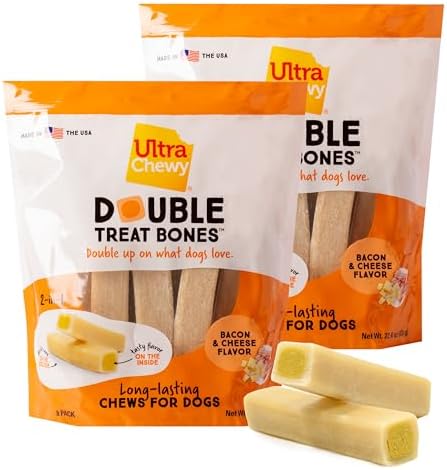 Ultra Chewy Double Treat Bones: Long-Lasting Dog Treats Made in USA for Large and Small Breeds, Highly Digestible, Ideal for Aggressive Chewers (Bacon & Cheese, 2 Value Packs)