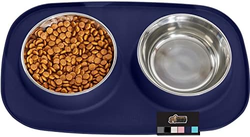 Gorilla Grip 100% Waterproof BPA Free Cat and Dog Bowls Silicone Feeding Mat Set, Stainless Steel Bowl Slip Resistant Raised Edges, Catch Water, Food Mess, No Spills, Pet Accessories, 4 Cup, Navy