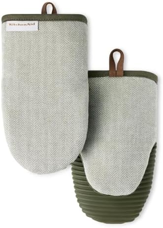 KITCHENAID® Evergreen Design Series Herringbone Ribbed Soft Silicone Mini Oven Mitts 2-Pack Set, Heat Resistant up to 500°F, Flexible & Waterproof, Deep Forest Green, 5.5"x9"