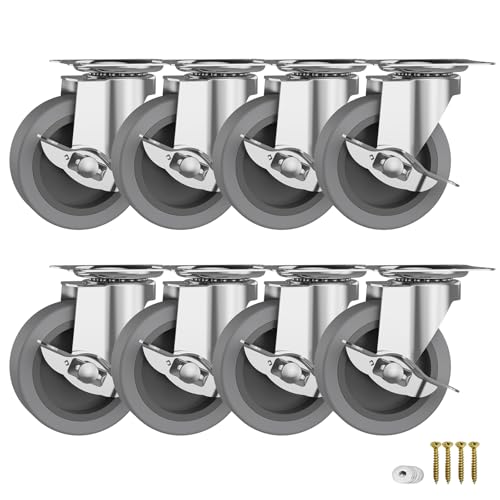 3 Inch Caster Wheels, Casters Set of 8, Heavy Duty Casters with Brake, Locking Casters with Rubber Wheels，Plate Swivel Casters Wheels for Furniture Cart and Workbench,Pack of 8