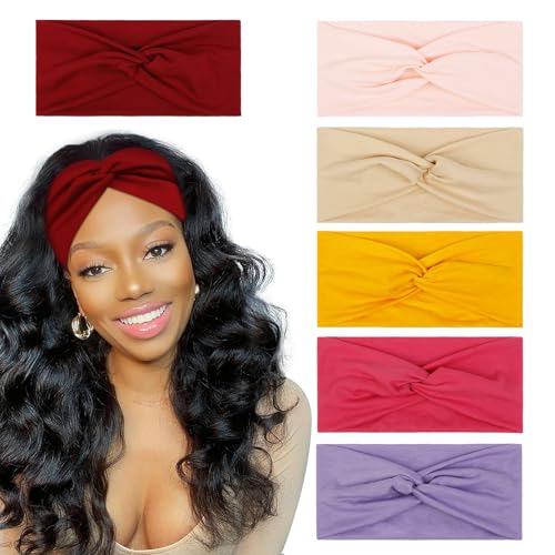 6 Pcs Women's Headbands Turban Headbands for Women Wide Head Wraps Knotted Elastic Teen Girls Yoga Workout Solid Color Hair Accessories