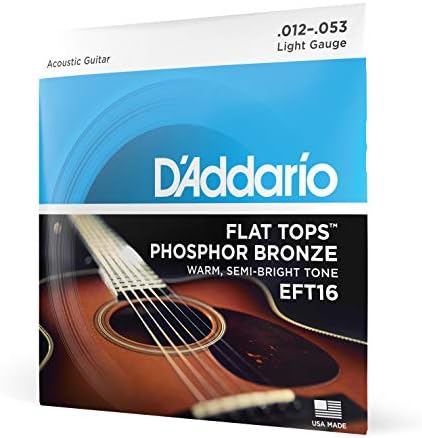 D'Addario Guitar Strings - Acoustic Guitar Strings - Flat Tops Phosphor Bronze - For 6 String Guitar - Warm, Semi-Bright Tone - EFT16 - Light, 12-53