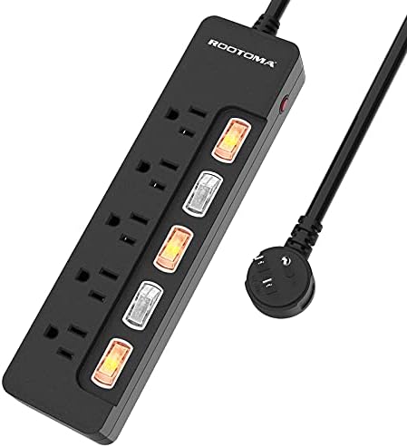 ROOTOMA Power Strip Surge Protector with Individual Switches,6-Foot 14AWG Long Extension Cord 1875W/15A Wall Mount for Office Dorm Home Theatre (5outlets-6ft-Black)