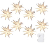 Elf Logic Set of Eight 4" LED Mini Moravian Star String Lights. Hanging Outdoor Christmas Lights, Holiday Decoration, Porch Lights, Advent Stars or Christmas Tree Lights.