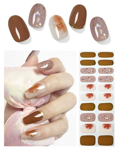 Semi Cured Gel Nail Strips, 20pcs Khaki Flower Gel Nail Stickers Work with UV, Easy to Use and Remove
