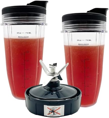 Blender 24 oz Cups with Lids & 7 Fins Extractor Blade Replacement Parts Compatible with Nutri Ninja Auto iQ AMZ493BRN BL450-30 BL456-30 BL480-30 BL480D BL482-30 BL494 BL642 BL682 BN401 BN801 CT682SP