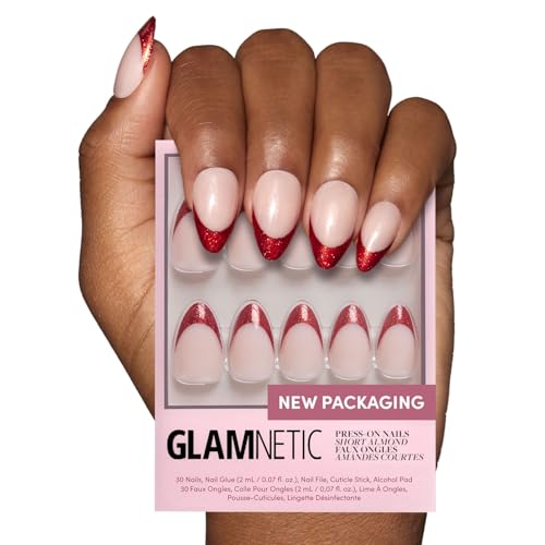 Glamnetic Press On Nails - Red Affair | Short Almond Red Glitter French Tip Nails with a Glossy Finish | 15 Sizes - 30 Nail Kit with Glue