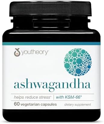 Youtheory Ashwagandha - 1,000 mg - Stress Support Supplement - Cortisol Support Supplement - Gluten, Dairy & Soy Free - 60 Vegetarian Capsules