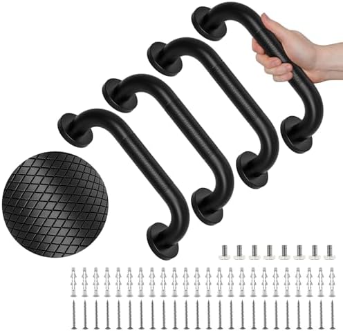 4 Pack 12 Inch Shower Grab Bar, YuanDe Matte Black Bathroom Grab Bar Handle w/Anti-Slip Knurled Grip, Stainless Steel Bath Balance Bar, 1.25" Diameter Safety Hand Rail Support,Handicap Injury Elderly