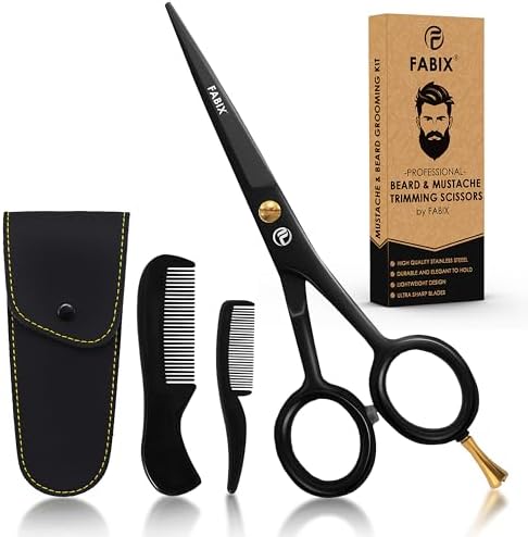 5” Professional Beard Mustache Scissors with 1 Beard Comb, 1 Mustache Comb and Travel Pouch - Perfect Beard Trimming Scissors for All Facial Hair Scissors - Grooming Scissors