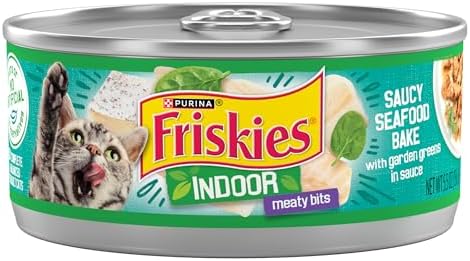 Purina Friskies Indoor Cat Food Meaty Bits Saucy Seafood Bake With Garden Greens in Sauce - (Pack of 24) 5.5 oz. Cans