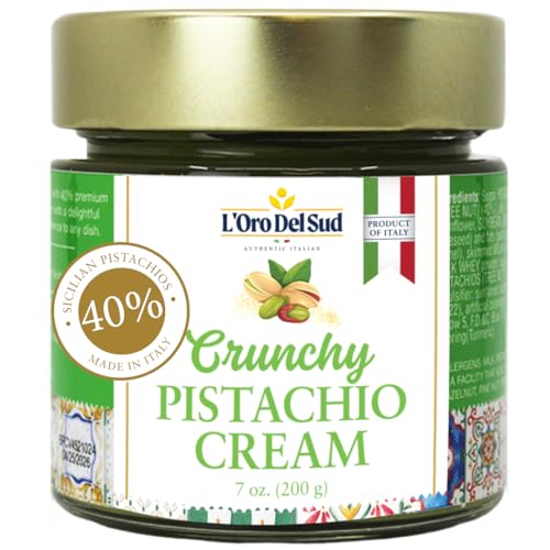 Crunchy Pistachio Cream, Sicilian Sweet Pistachio butter Spread, 7 oz (200g), Contains 40% Pistachios, Product of taly, L’Oro Del Sud