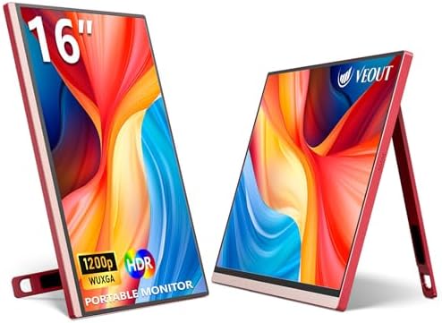 16Inch Pink Portable Monitor for Laptop, 1920x1200P IPS 16:10 Computer External Screen, 100% sRGB Stand Support Freesync, for Girl Phone, PC Home Use