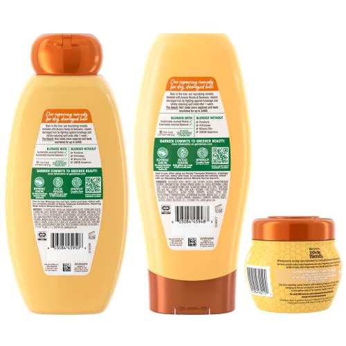 Garnier Whole Blends Honey Treasures Repairing Shampoo, Conditioner + Hair Mask Set for Dry, Damaged Hair (3 Items), 1 Kit (Packaging May Vary)