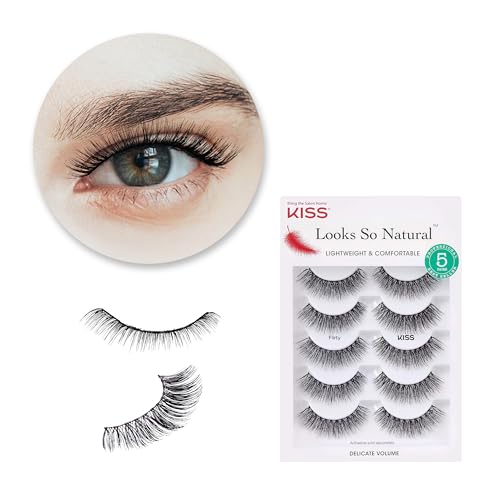 KISS Looks So Natural False Eyelashes Multipack, Lightweight & Comfortable, Tapered End Technology, Reusable, Cruelty-Free, Contact Lens Friendly, Style 'Flirty', 5 Pairs Fake Eyelashes 5 Pair (Pack of 1) Flirty Multipack