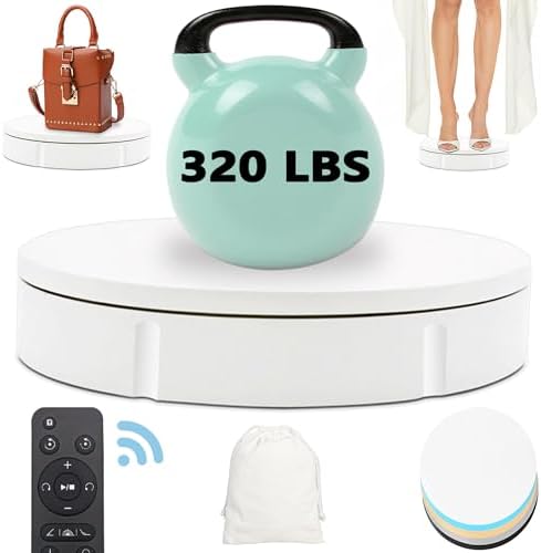 Rotating Display Stand 320lbs Capacity, 360 Degree Rotating Turntable 12 Inch, Turntable for Photography, Automatic Remote Control Display Platform with 5 Colour Surface Covers and Carry Bag