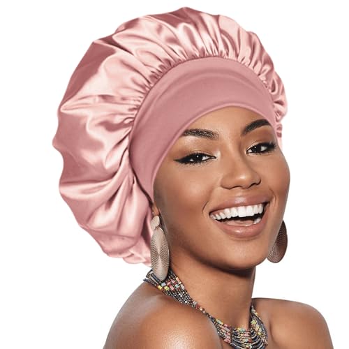 Adubor Silk Bonnet for Sleeping Women Men - Larger Double Layer Satin Bonnet for Sleeping - Non-Slip Silk Turban - Hair Bonnet for Sleeping - Sleep Cap for Curly Hair (Pink)