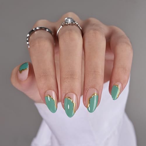 BTArtbox Press On Nails Almond - Spring Green French Tip Press On Nails Short for Gift, Light Weight Nail Tips, Natural Fake Nail with Glue, Glue On Nails in 16 Sizes - 30 Nail Kit, Turquoise