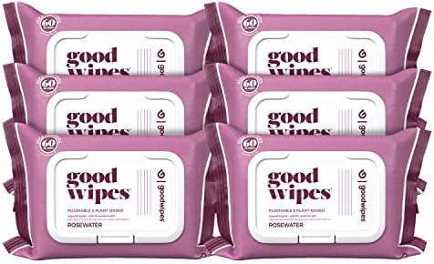 Goodwipes Flushable Butt Wipes Made with Vitamin E & Aloe - Soft & Gentle Wet Wipe Dispenser for Home Use, Septic & Sewer Safe - Largest Adult Toilet Towelettes - Rosewater, 360 Count (6 Packs)