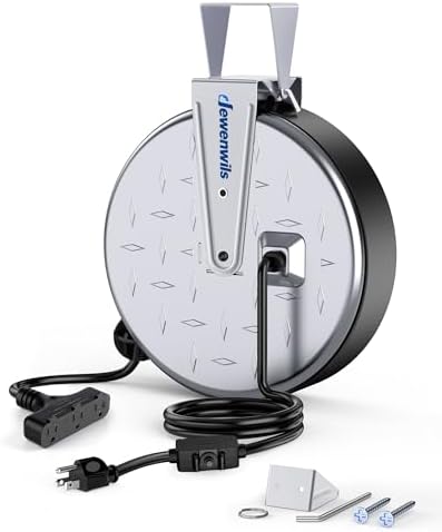 DEWENWILS 30 Ft Retractable Extension Cord Reel, Ceiling/Wall Mount 16/3 Gauge SJTW Power Cord with 3 Electrical Outlets Pigtail for Garage and Shop, 10 Amp Circuit Breaker, Metal Plate, UL Listed