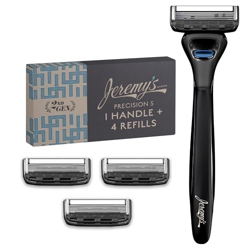 Jeremy's Razors for Men: Precision 5 Blade Razor - Stainless Steel Blades, Lubricating Strip, Precision Trimmer - Men's Shaving Kit, Travel Razor Face Body Head Shavers (1 Razor 4 Cartridges)