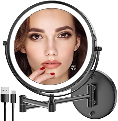 Rechargeable Wall Mounted Lighted Makeup Mirror, 8 Inch Double-Sided LED Vanity Mirror 1X/10X Magnification,3 Color Lights Touch Screen Dimmable 360°Swivel 13 Inch Extendable