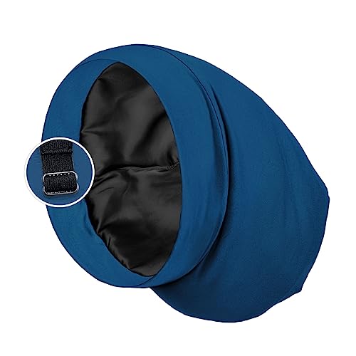Satin Lined Sleep Cap Bonnet for Curly Hair and Braids, Stay On All Night Hair Wrap with Adjustable Strap for Women and Men, Bijou Blue, Pack of 1
