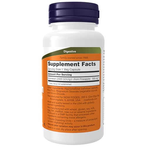 NOW Supplements, Bromelain (Natural Proteolytic Enzyme) 2,400 GDU/g - 500 mg, Natural Proteolytic Enzyme*, 60 Veg Capsules