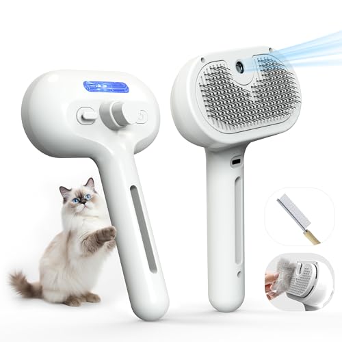 Pet Grooming Brush with Electronic Mist Spray - Gentle Deshedding Tool for Cats & Dogs, Reduces Shedding, Easy to Use, Soft Bristles, Promotes Healthy Coat-Comes with a hair smoothing comb-White