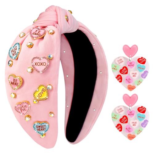 Valentine’s Day Headbands for Women, Valentines Pink Knotted Heart Headband Heart Earrings Crystal Jeweled Wide Top Knot Headband Valentine’s Day Hair Accessories Gifts