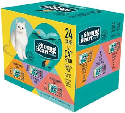 A Strong Heart Canned Wet Cat Food, Chicken, Beef and Salmon Variety Pack - 3 oz Cans (Pack of 24), Made in The USA with Real Chicken, Beef and Salmon