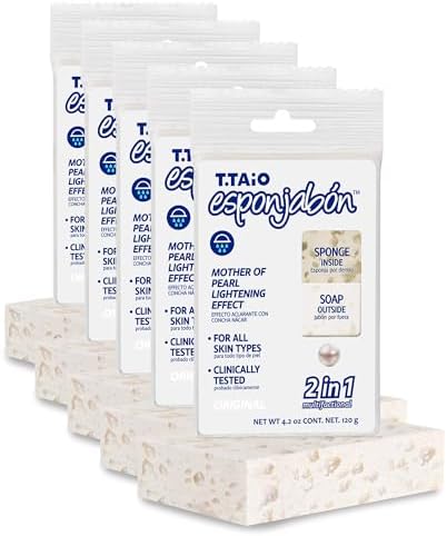 T.Taio Esponjabon Mother of Pearl Soap Sponge - Cleansing Shower Scrubber - Cleaning Bath Wash Scrub - Oil Removal - Massage & Lather Foot, Elbow, & Face - Bathroom Accessories - Fresh Scent (5-Pack)