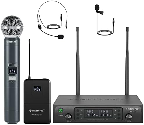 Phenyx Pro Wireless Microphone System, Dual Mic Set with Handheld/Bodypack/Lapel Mics,Auto Scan, 2x100 UHF Frequencies,328ft Range,Cordless Microphone for Singing, Karaoke, Church(PTU-71-1H1B)