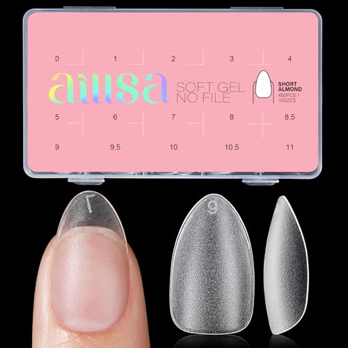 AILLSA Short Almond Nail Tips 450PCS Soft Gel Double-sided Matte Nail Tips Clear Pre-Buff Gel Nail Tips No Need Base Coat Press on Nail Tips for Nail Tips Extension 15 Sizes