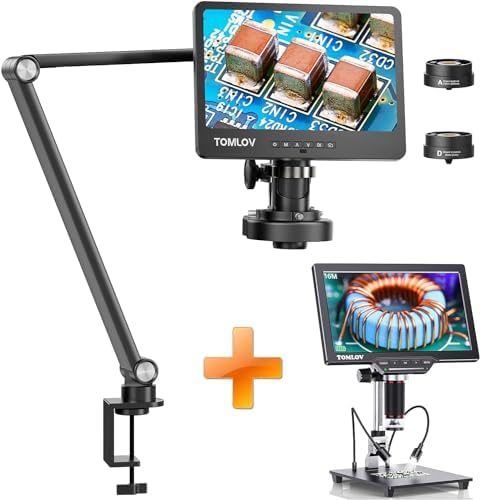 TOMLOV DM602 Flex 2024 Digital Microscope, 10.1" HDMI Soldering Microscope for Electronic Repair, 2K Coin Microscope with Ring Light,Adults LCD Video Microscope, Flexible Arm for PCB Watch+DM202