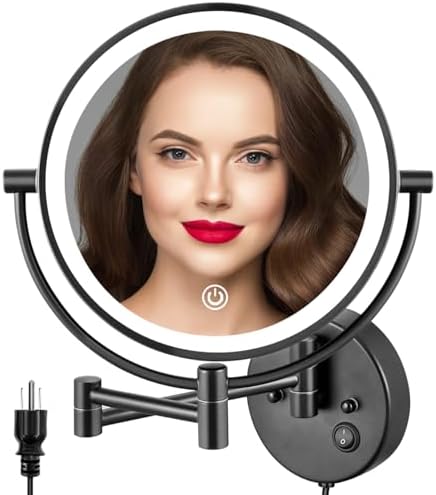 ALHAKIN 9" Wall Mounted Lighted Makeup Mirror, Large Double Sided 1X/10X Magnifying Mirror, 3 Color LED Vanity Mirror with Lights, Touch Dimmable 360° Swivel Light Up Mirror for Bathroom, Black