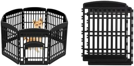 IRIS USA 34" 8-Panel Pet Playpen with Door, Medium Large Dog Secure Easy Assemble Easy Storing Customizable + 34''H 2 Add on Panels, Heavy-Duty Molded Plastic Rust-Free Non-Skid Rubber Feet, Black