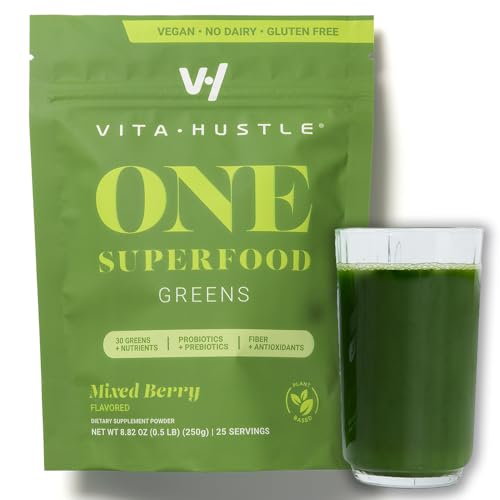 VitaHustle ONE Superfood Super Greens Powder by Kevin Hart, Prebiotics + Probiotics, Spirulina, Chlorella, Digestive Enzymes, Gut Health, Detox (Berry Flavor, 25 Servings)