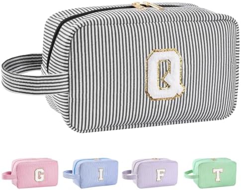 Personalized Initial Makeup Bag A-Z, Travel Toiletry Bag Preppy Make Up Bags Girls Cute Cosmetic Pouch Makeup Organizer Wedding Birthday Christmas Valentines Day Gifts for Women (Black, Q)