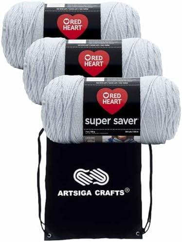 Red Heart Super Saver Light Grey E300-341 (3-Skeins - Same Dye Lot) Worsted Medium #4 Acrylic Yarn for Crocheting and Knitting with Project Bag